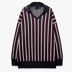 ZARA Striped Knit Polo Sweater L
